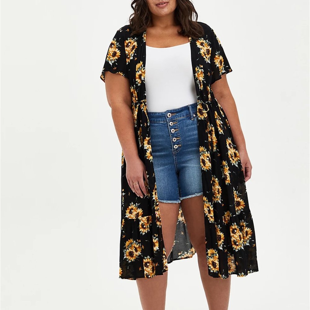 Black Sunflower Crepe Tie-Front Kimono